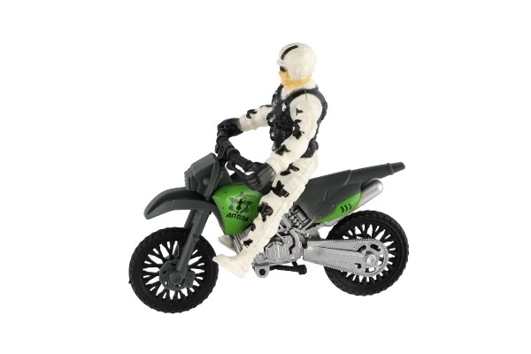 Zestaw wojskowy z plastikowym motocyklem, żołnierzem, psem i akcesoriami w pudełku 23x14x4cm