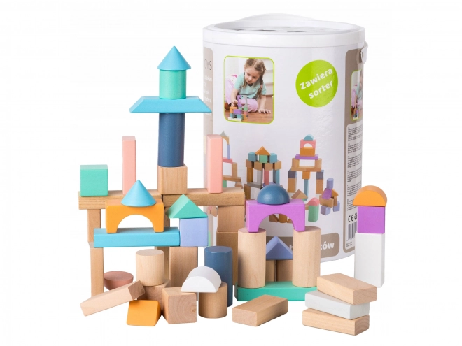 Drewniane klocki 100 sztuk w wiadrze z sorterem Ecotoys