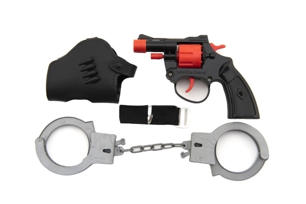 Pistolet na kapsle 8 strzałów plastikowy 13cm z kaburą i kajdankami na karcie