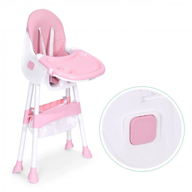 Krzesło do karmienia dla dzieci z tacą i koszykiem, pięciopunktowym pasem ECOTOYS – różowa