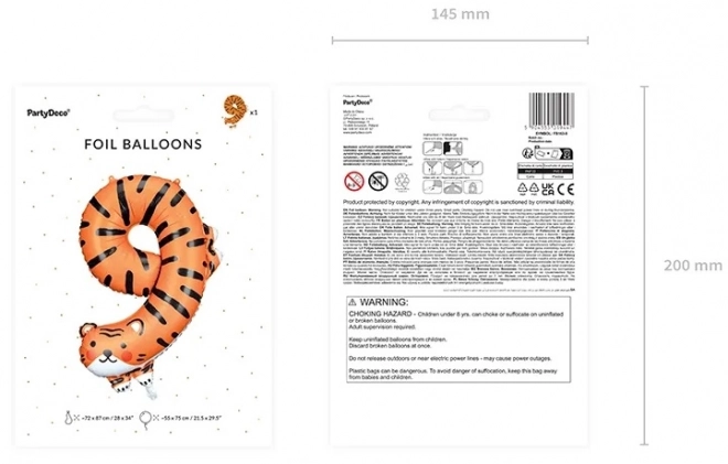 Foliowy balon urodzinowy numer 9 - Tygrys 64 x 87 cm