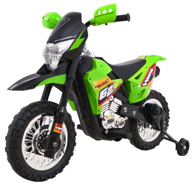 Dziecięcy elektryczny motocykl cross na akumulator – zielony, z kółkami pomocniczymi i światłami LED