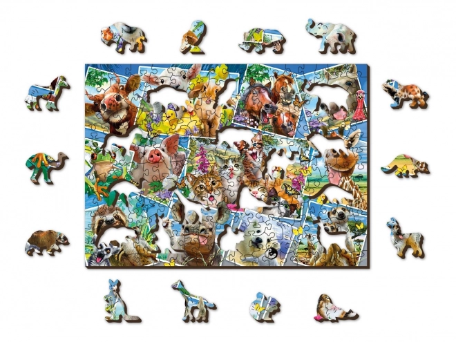 Drewniane puzzle z figurkami - pocztówka ze zwierzętami