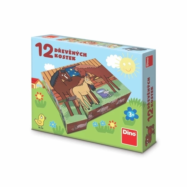 Klocki kubus zwierzęta domowe drewno 12 sztuk w pudełku 21x18x4cm