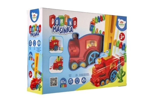 Lokomotywa/Pociąg domino układający plastikowy 16cm na baterie z dźwiękiem ze światłem w pudełku 33x23,5x8cm