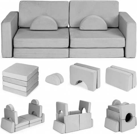 duża modułowa składana dziecięca sofa 2‑osobowa z 10 miękkimi poduszkami – szara ECOTOYS