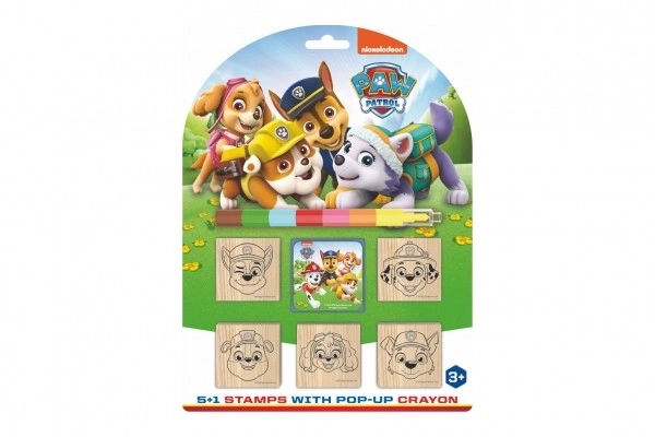 Stempelki 5+1 z poduszką drewnianą 5x5cm z kredką woskową Psi Patrol/Paw Patrol na karcie