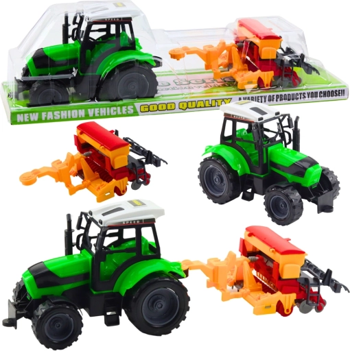 Dziecięcy traktor z przyczepianym siewnikiem