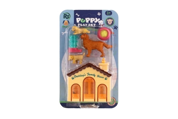 Psiak/Pieski 3szt z domkiem/budą, plastik z akcesoriami na karcie 15x25x5cm