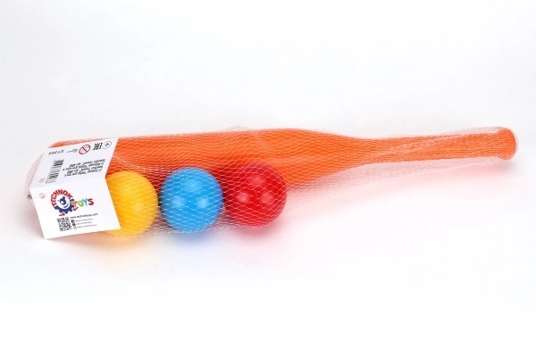 Kij baseballowy 50cm + piłki 3 szt. plastikowe 2 kolory w siatce