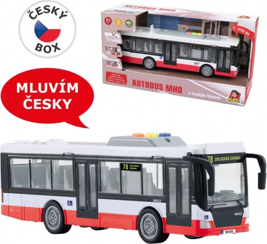 Autobus na napęd cierny z czeskimi komunikatami i światłami