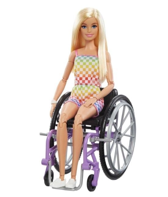 Barbie Modelka na wózku inwalidzkim w kraciastym kombinezonie HJT13