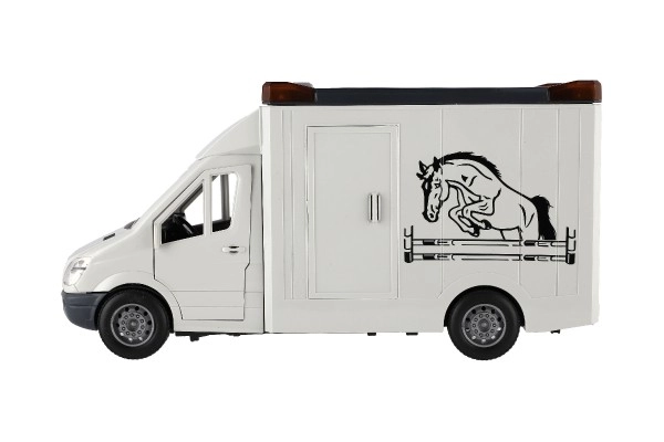 Auto do przewozu zwierząt plastikowy 28cm z koniem na mechanizm sprężynowy z światłem i dźwiękiem szare w pudełku 39x18cm