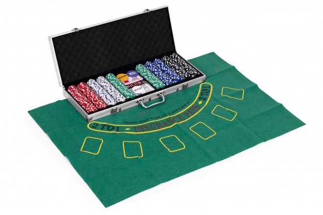 Zestaw Poker i Blackjack – 500 żetonów, 2 talie kart, kości, mata do gry, zamykana walizka