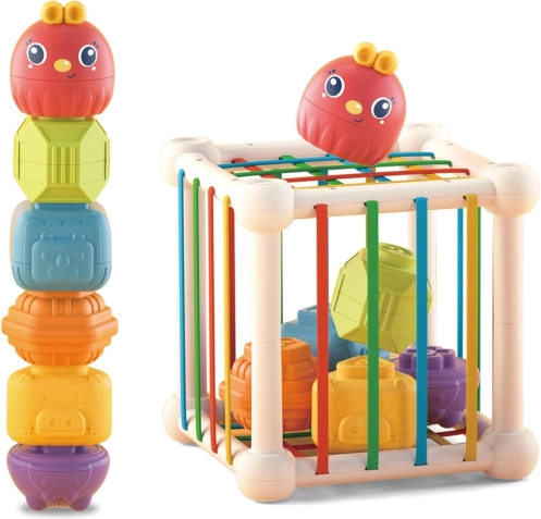 woopie baby elastyczna kostka sensoryczna i sorter dla dzieci ze zwierzątkami + grzechotka, 7 elementów