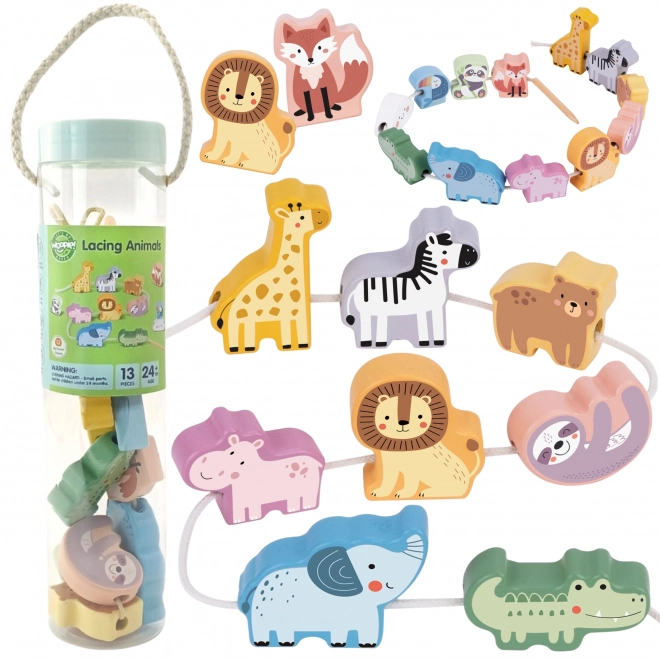 WOOPIE GREEN drewniany zestaw nawlekane ZOO Montessori 13 części