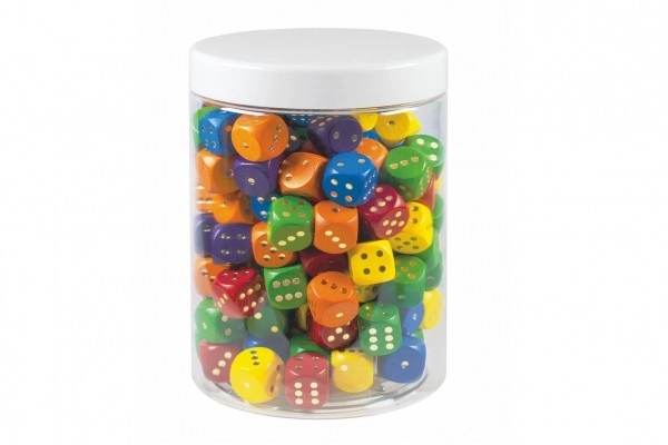 Kostki do gry kolorowe drewno gra towarzyska 16mm 150 szt. w plastikowym pojemniku 10x14cm