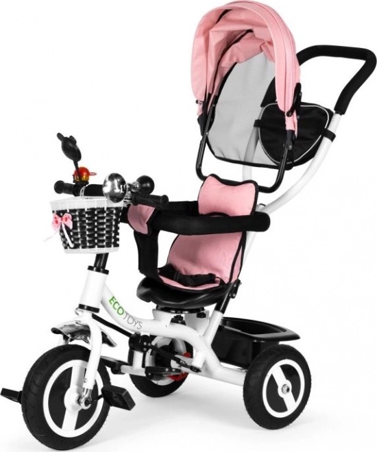 ECOTOYS Trójkołowy rowerek z daszkiem i rączką - różowy
