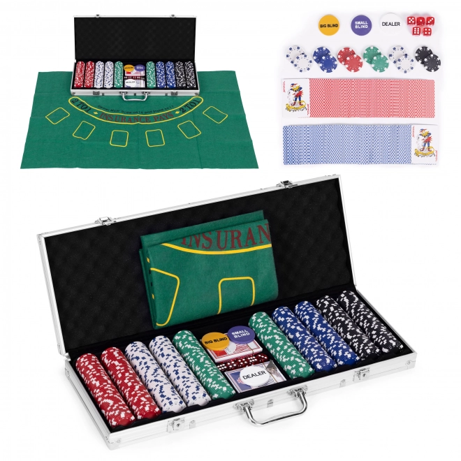 Zestaw Poker i Blackjack – 500 żetonów, 2 talie kart, kości, mata do gry, zamykana walizka