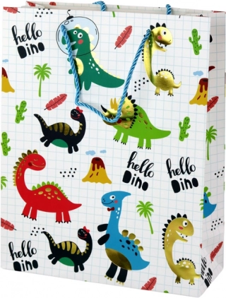 Papierowa torba prezentowa z dinozaurami, biała kratka, 32 × 26 × 10 cm