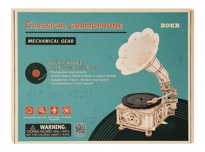 RoboTime 3D drewniane mechaniczne puzzle Gramofon (napęd ręczny)