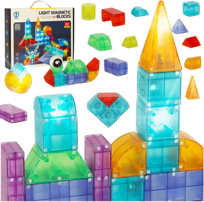 Magnetyczne klocki konstrukcyjne ze świetlnymi elementami 3D figury – 64 elementy
