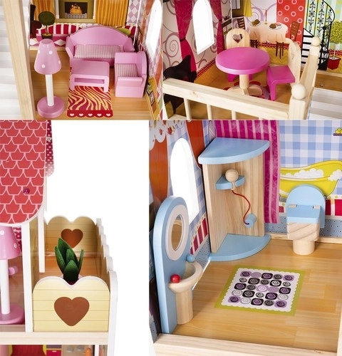 Drewniany domek dla lalek z wyposażeniem 90 cm