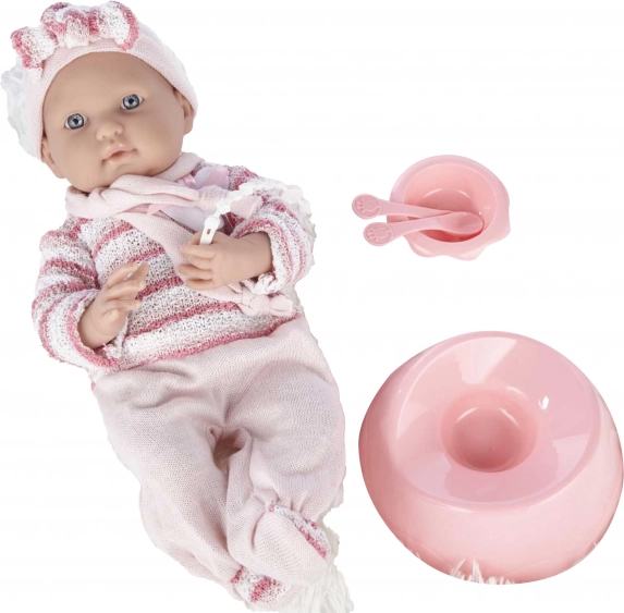 Lalka niemowlę w różowym pajacyku 40 cm z akcesoriami