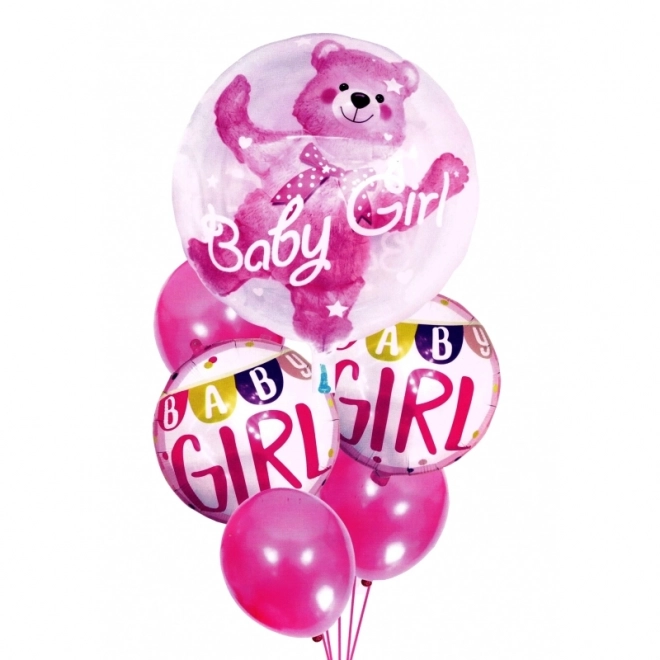 Różowe urodzinowe balony z misiem dla dziewczynki - 6 sztuk