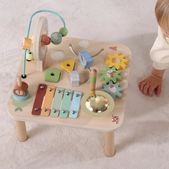 Drewniany stolik edukacyjny z muzycznym labiryntem 5w1