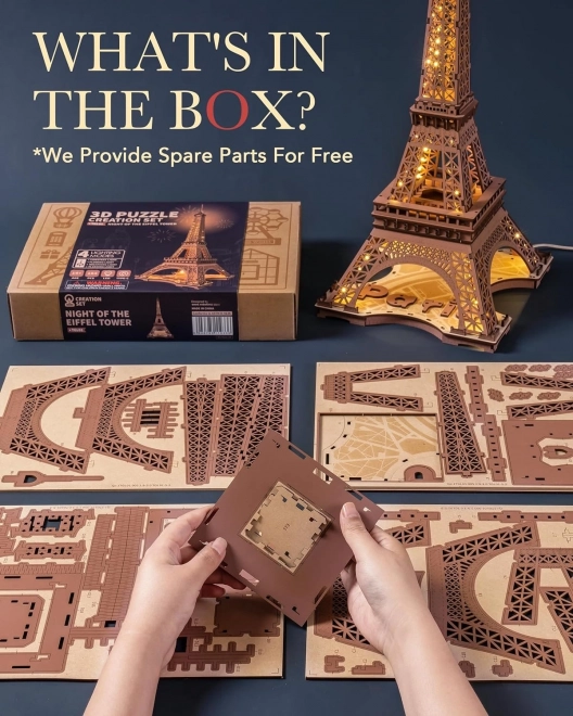 RoboTime 3D Drewniane puzzle Rolife Noc Wieży Eiffla świecące