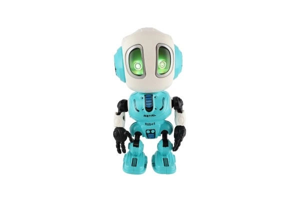 Robot ECHO powtarzający zdania metalowy 12cm niebieski na baterie z dźwiękiem i światłem w pudełku 10,5x15x5,5cm