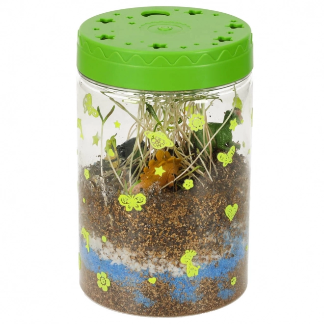 Terrarium do uprawy roślin z lampą LED i dinozaurami