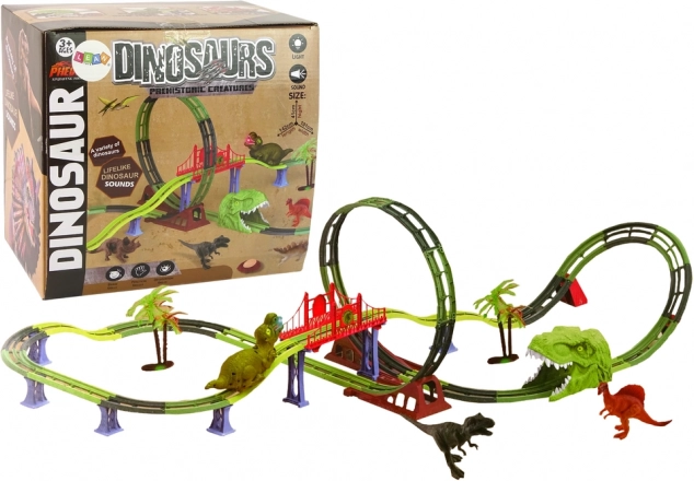 Spiralny tor wyścigowy z dinozaurami ze światłem i dźwiękiem