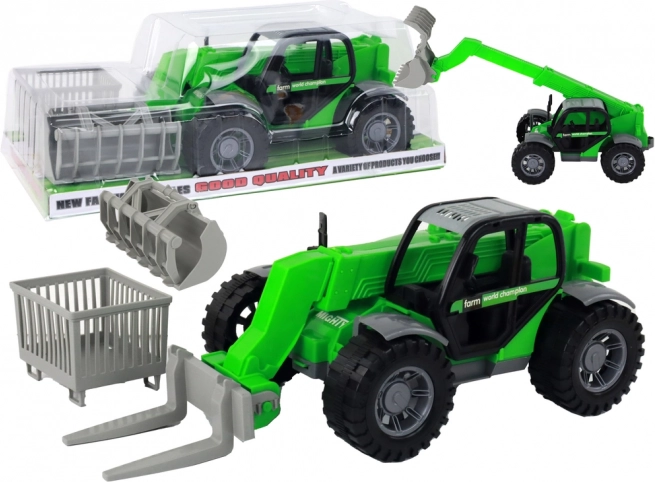 Zielony traktor z wysuwnym ramieniem i wymiennymi nasadkami
