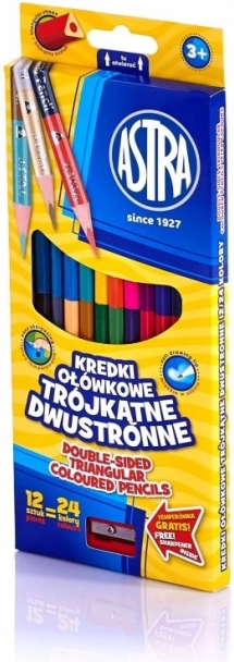 Trójkątne dwustronne kredki 24 kolory ASTRA, 12 szt.