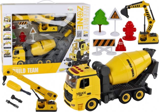 Pojazdy budowlane 1:12 DIY ze światłami i dźwiękami – betoniarka, żuraw i koparka