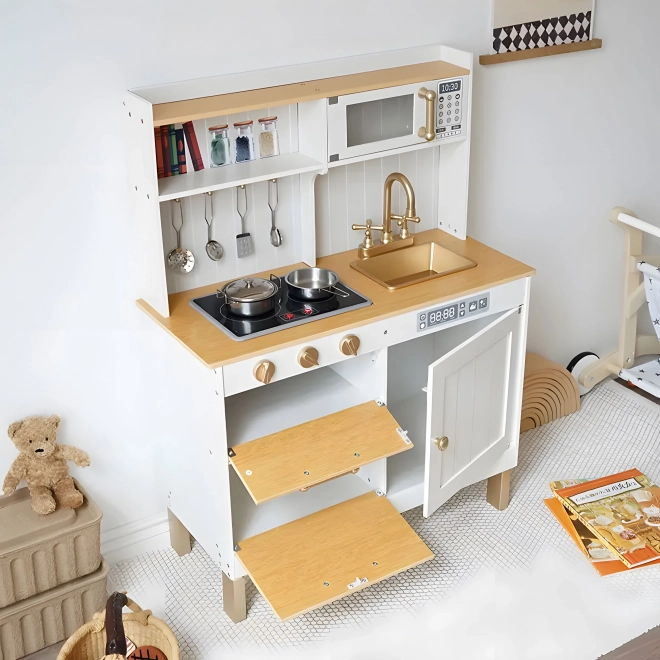 Drewniana kuchnia do zabawy dla dzieci z dźwiękami i diodami LED, duża, z otwieranymi szafkami i 7 akcesoriami, ECOTOYS