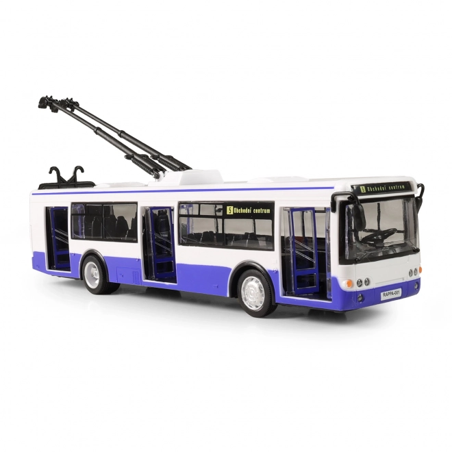 Trolejbus, który ogłasza przystanki po czesku 28 cm niebieski