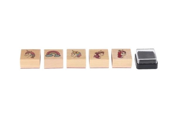 Drewniane pieczątki 5+1 z poduszką jednorożce 3x3cm na karcie