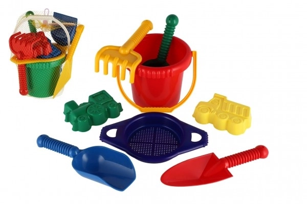 Wiaderko z sitkiem łopatka kupiecka łopatka grabki plastik w siatce 20x28x12cm 12m+