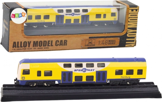 Metalowy kolekcjonerski model żółto‑niebieskiego pociągu 1:48