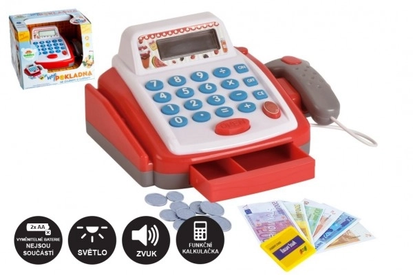 Mała kasa cyfrowa plastikowa 18cm z akcesoriami na baterie ze światłem i dźwiękiem w pudełku 22x15x18cm