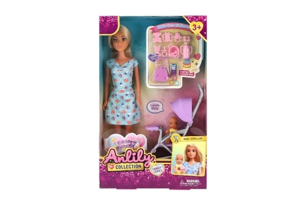 Lalka Anlily 30cm z dziewczynką i wózkiem + akcesoria plastikowe w pudełku 20x32x7cm