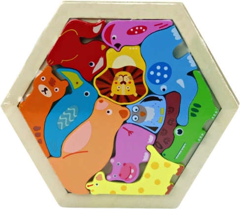 Drewniane kolorowe puzzle ze zwierzątkami – 12 elementów