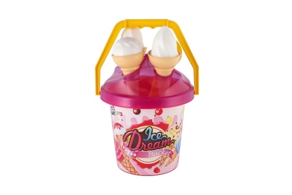 Zestaw do piasku plastikowy wiaderko + foremki lody 2 kolory w siatce 18x28x17cm 12m+