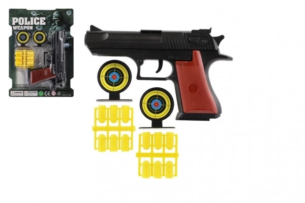 Pistolet na korki 17cm plastik + naboje 12szt + tarcza 2szt na karcie
