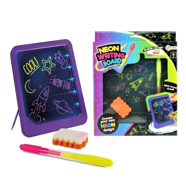 Tablica do pisania na baterie z neonowym światłem z markerem plastikowa + gąbka w pudełku 21x26x3cm
