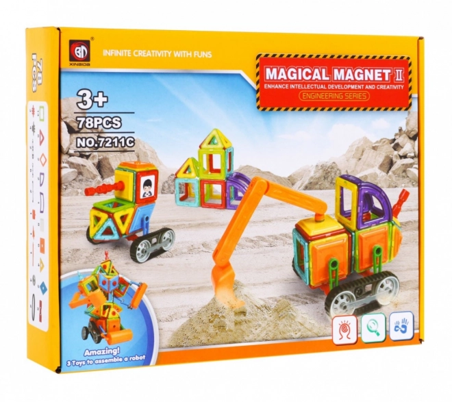 Budowlane klocki magnetyczne + koła + ramię koparki - 78 elementów