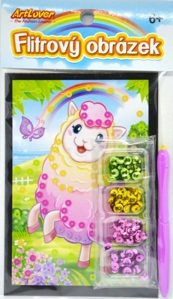 Flitrowy mini obrazek lama 10x16cm 4 rodzaje w woreczku 24szt w pudełku
